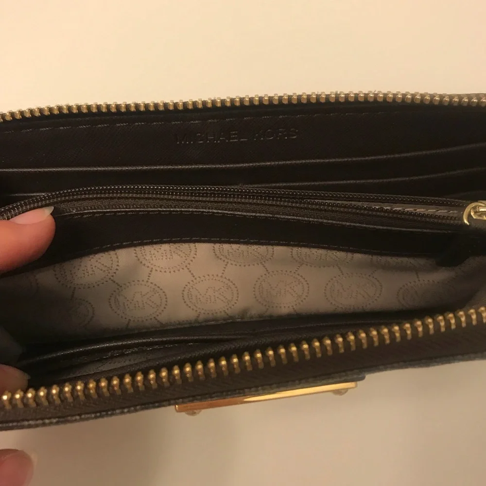 Michael Kors Black Logo Zip-Around Wallet with Gold Plaque